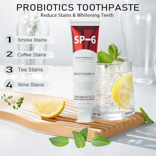 Sp-6 Probiotics Whitening Toothpaste, Sp-6 Ultra Whitening Toothpaste, Enhanced Formula with Enamel-Safe, Fluoride-Free, Fresh Breath Mint Flavor for Oral Health (2)