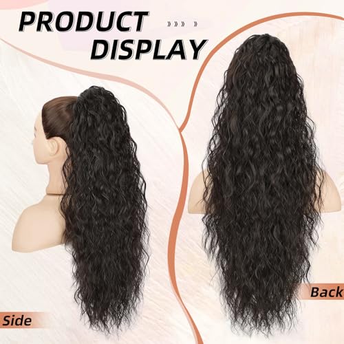 Lommel Ponytail Extension, Claw Clip Ponytail Extension for Women Long Wavy Pony Tails Hair Extensions Fluffy Natural Looking Synthetic 26 Inch Clip in Ponytail Hairpiece for Daily Use (Brown Black)