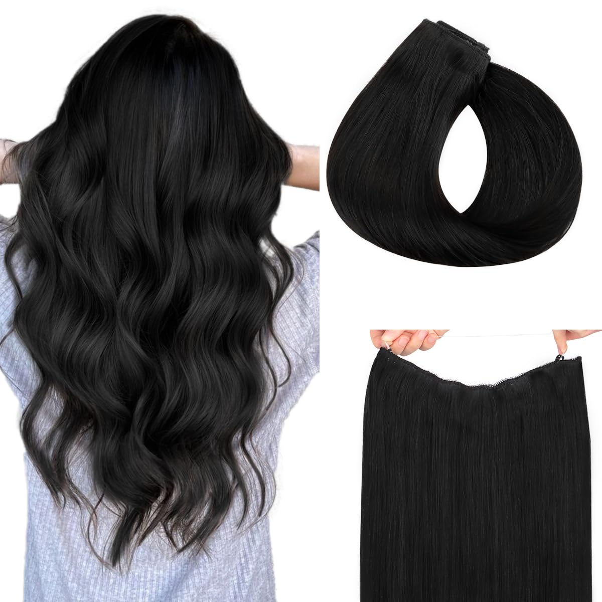 HOTBANANA Wire Hair Extensions, 12 inch 70g Jet Black Invisible Fish Line Real Human Hair Extensions Straight