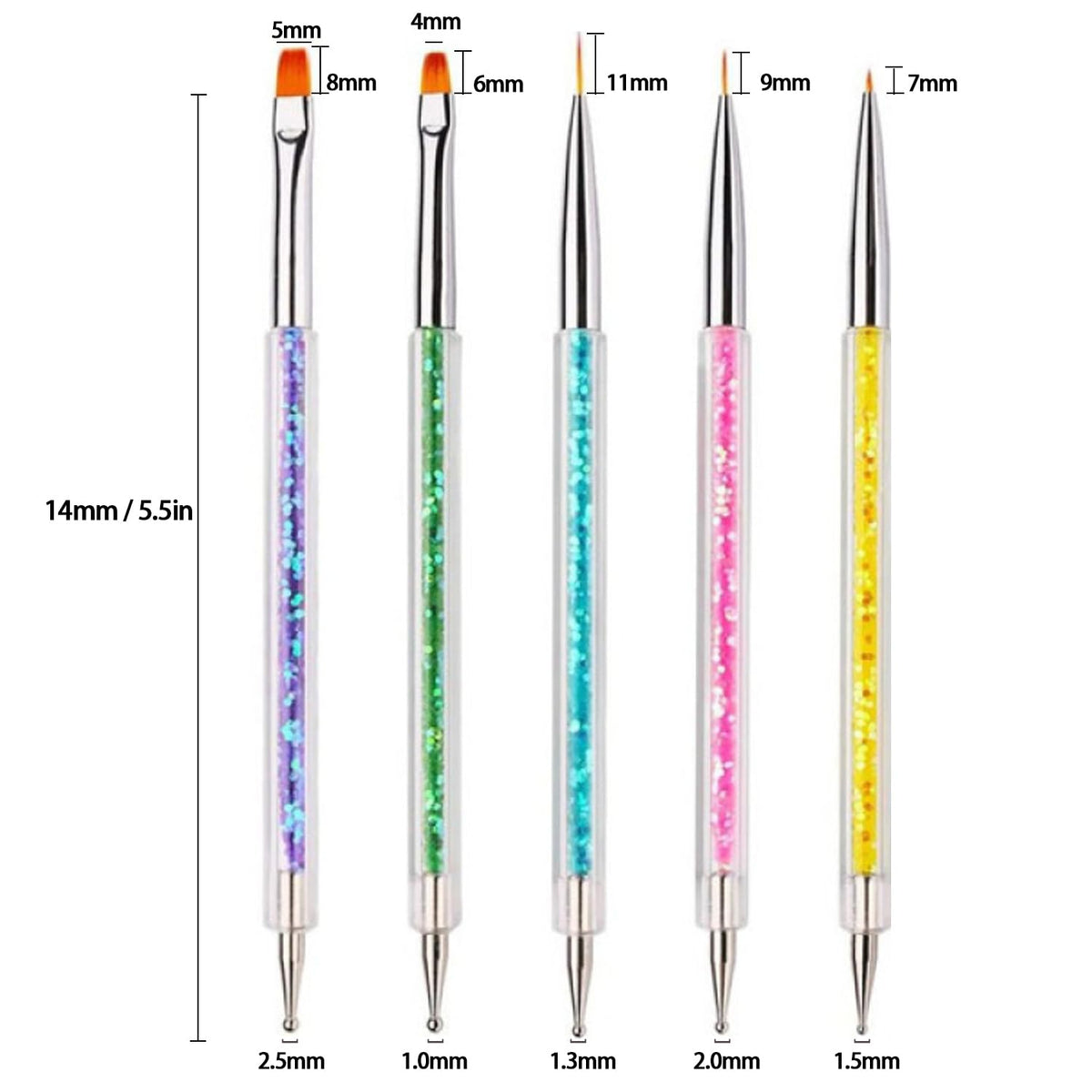 AIBEE Nail Art Brushes, 5pcs Double-Ended Acrylic Nail Brush Including 7/9/11mm Nail Liner Brush Flat Brushes and Nail Dotting Tools for Nail Art Design