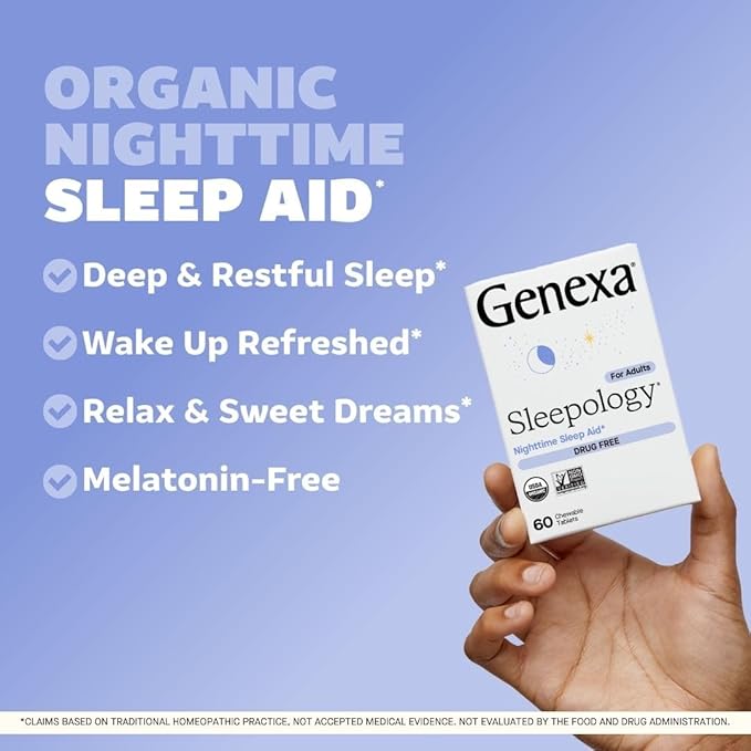 Genexa Sleepology for Adults | Melatonin Free Sleep Aid | Promotes Rest | Natural Vanilla & Lavender Flavor | Certified Organic & Non-GMO | Homeopathic Remedy Made Clean | 60 Chewable Tablets