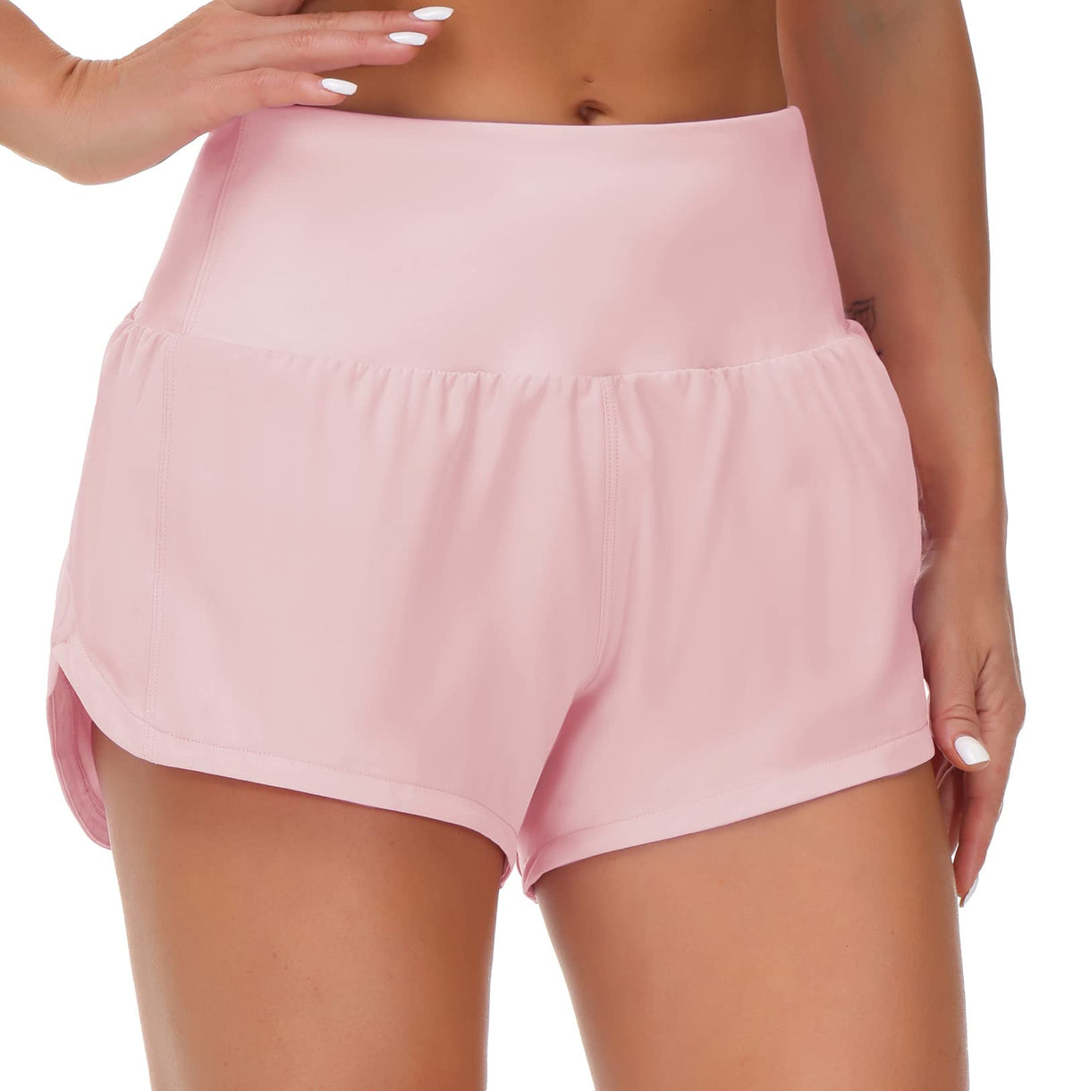 THE GYM PEOPLE Womens High Waisted Running Shorts Quick Dry Athletic Workout Shorts with Mesh Liner Zipper Pockets (Pink, X-Small)