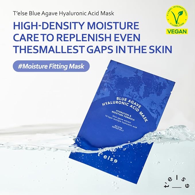 T'ELSE Blue Agave Hyaluronic Acid Mask 25ml*5ea, Watery Sheet Facial Mask with Close Adhesion, Moisturizing Facial Essence with Excellent Hydration, Long-Lasting Moisturizing, Korean Skin Care