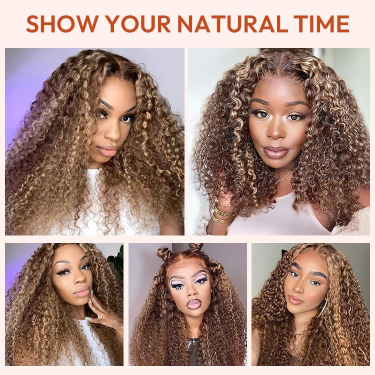 Wear and Go Glueless 5x5 HD Lace Closure Wigs Human Hair Deep Wave Wig Human Hair Pre Plucked Pre Cut P4/27 Honey Blonde Ombre Highlight Wig Human Hair 180% Density 20 Inch