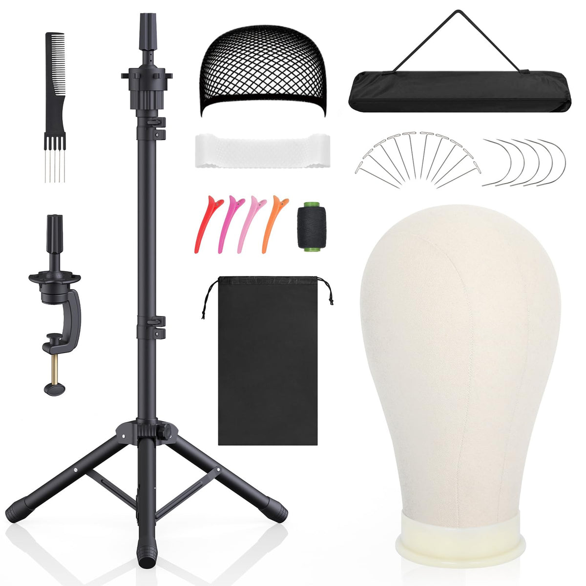 Hemndic Wig Stand with Head, Height Adjustable Wig Stand, Wig Head Stand with Mannequin Head with Extra Wig head Clamp Stand, Black