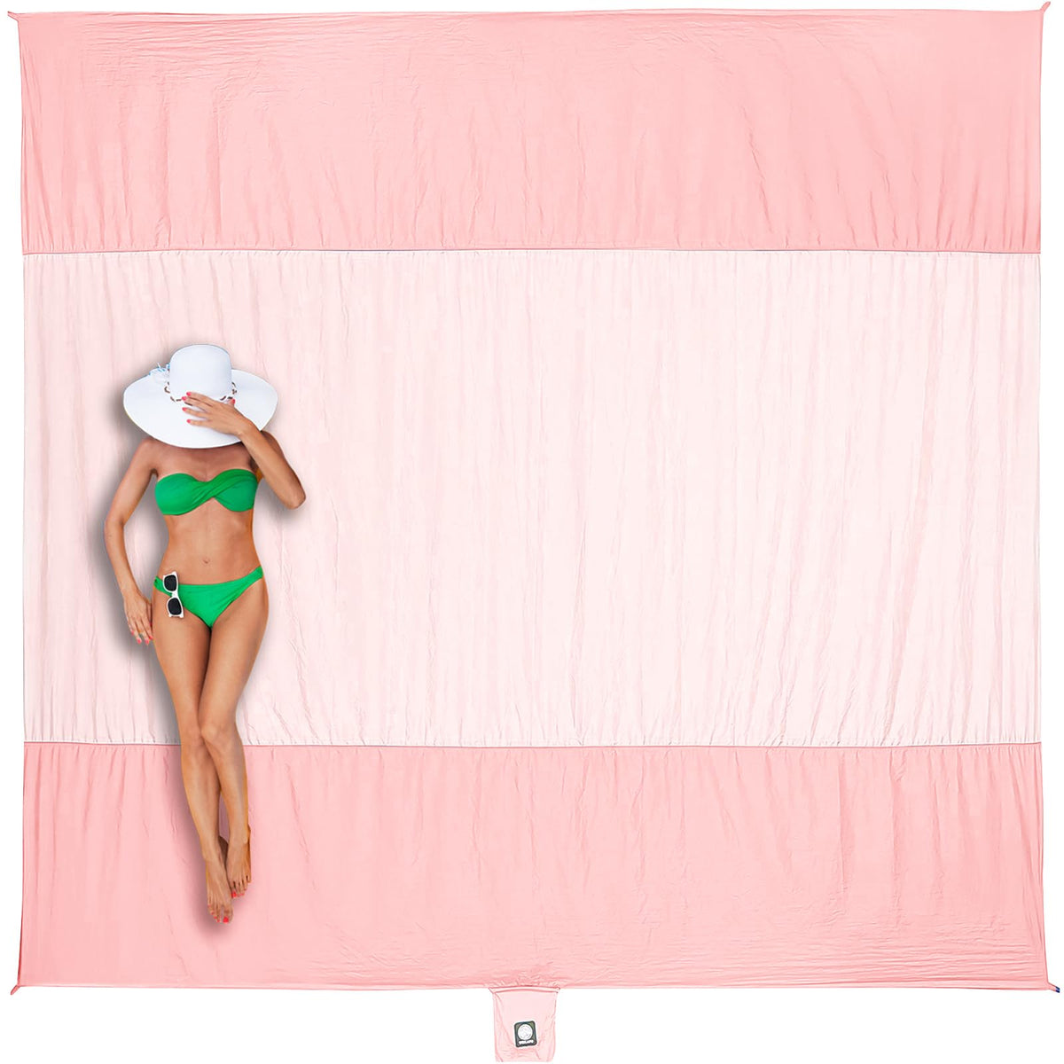 WEKAPO Beach Blanket Sandproof, Extra Large Beach Mat, Big & Compact Sand Free Mat Quick Drying, Lightweight & Durable with 6 Stakes & 4 Corner Pockets (Pink, 7x7 FT (1～3 person))