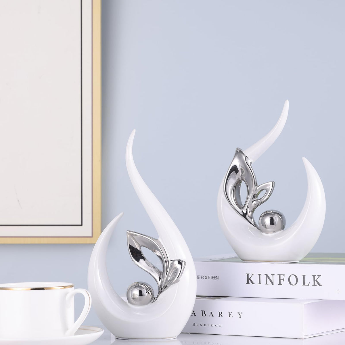 XMGZQ White and Silver Ceramic Statues for Home Décor Accents,Abstract Art Mid Century Modern Decor,Elegante Centerpiece Table Decorations,Sculpture for Entryway,Tv Stand,Mantel,Coffee Table