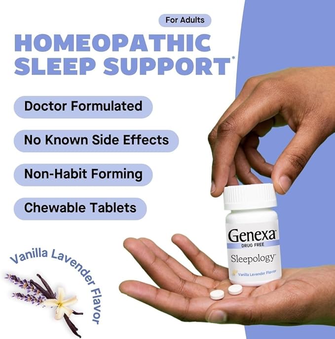 Genexa Sleepology for Adults | Melatonin Free Sleep Aid | Promotes Rest | Natural Vanilla & Lavender Flavor | Certified Organic & Non-GMO | Homeopathic Remedy Made Clean | 60 Chewable Tablets