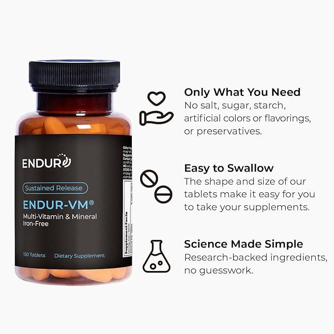 ENDUR-VM - Without Iron – Sustained-Release Daily Multi-Vitamin - Vitamin A, Vitamin C, Vitamin D, Vitamin E, Vitamin B12 - Zinc for Immune Health Support + Calcium & More - 150 Tablets