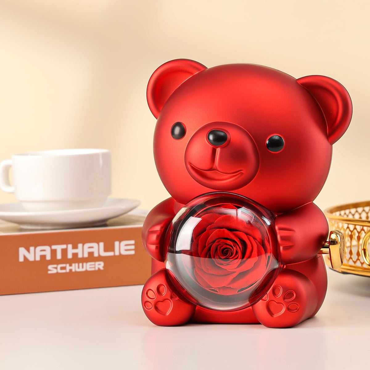 Anthonic Cute Teddy Bear with Preserved Rose - A Real Rose Flower in Bear with Elegant Gift Box - Romantic Gift for Her in Mother's Day, Weddings, Anniversaries, and Bridal Showers (Red)
