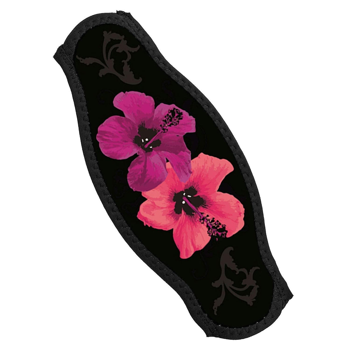 New Comfortable Neoprene Strap Wrapper for Your Scuba Diving & Snorkeling Mask - Pink Hibiscus on Black Background