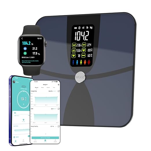WGGE Smart Body Weight Scale,Digital Smart Bathroom Scale with Mobile App, Large LCD Display Screen,17 Body Composition Metrics BMI, Body Fat Tracking, Heart Rate,Baby Mode,400lb/180kg