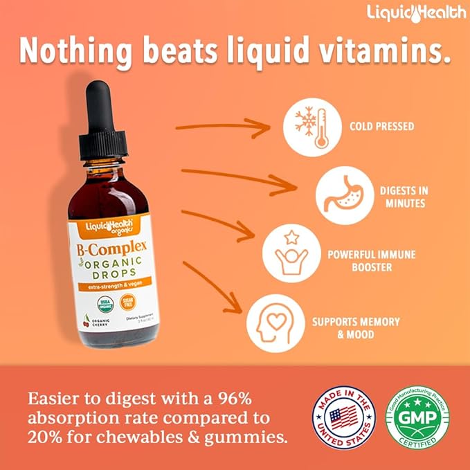 LIQUIDHEALTH USDA Organic Vitamin B Complex Drops for Men & Women - Natural Energy, Improved Focus, Memory & Mood, Immune Support, Metabolism Boost - USA Made, Extra Strength, No Sugar, Vegan (2 Pack)