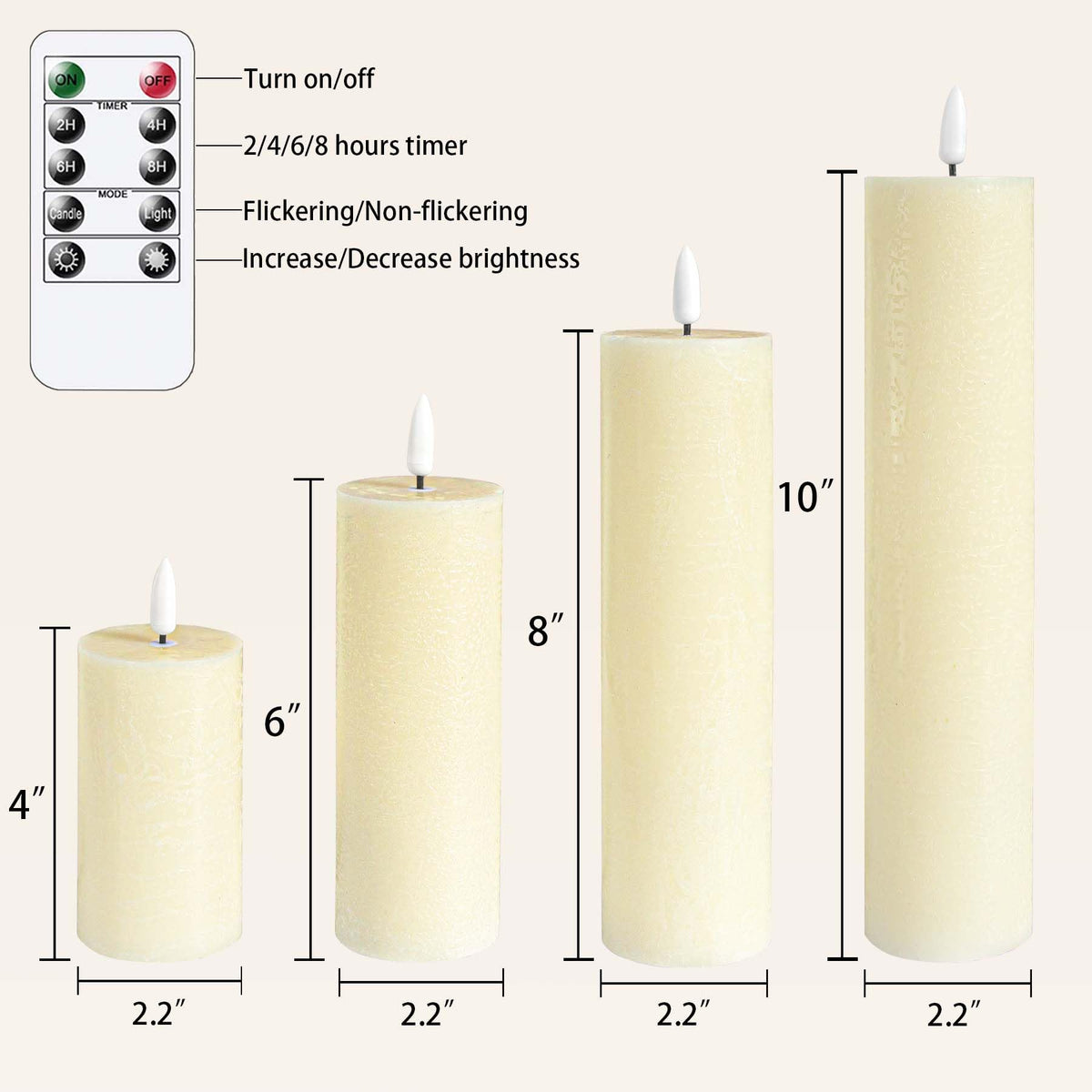 Vtobay Flickering Flameless Pillar Candles with Remote Control and Cycle Timer,Ivory Pack of 4 Battery Operated(Powered by 2AA) LED Real Wax Tall Fake 3D-Wick Electric Candles(D 2.2” x H 4”,6”,8”,10”)