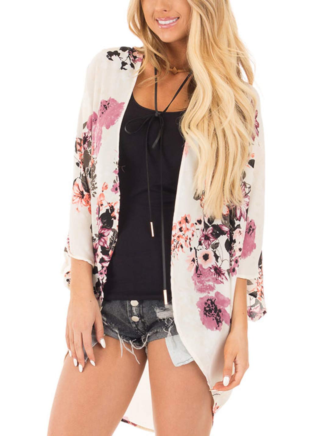 Omoone Women's Batwing Sleeve Floral Chiffon Cardigan Kimono Beachwear Cover Up (Light PinkX1, Medium) Lightpink