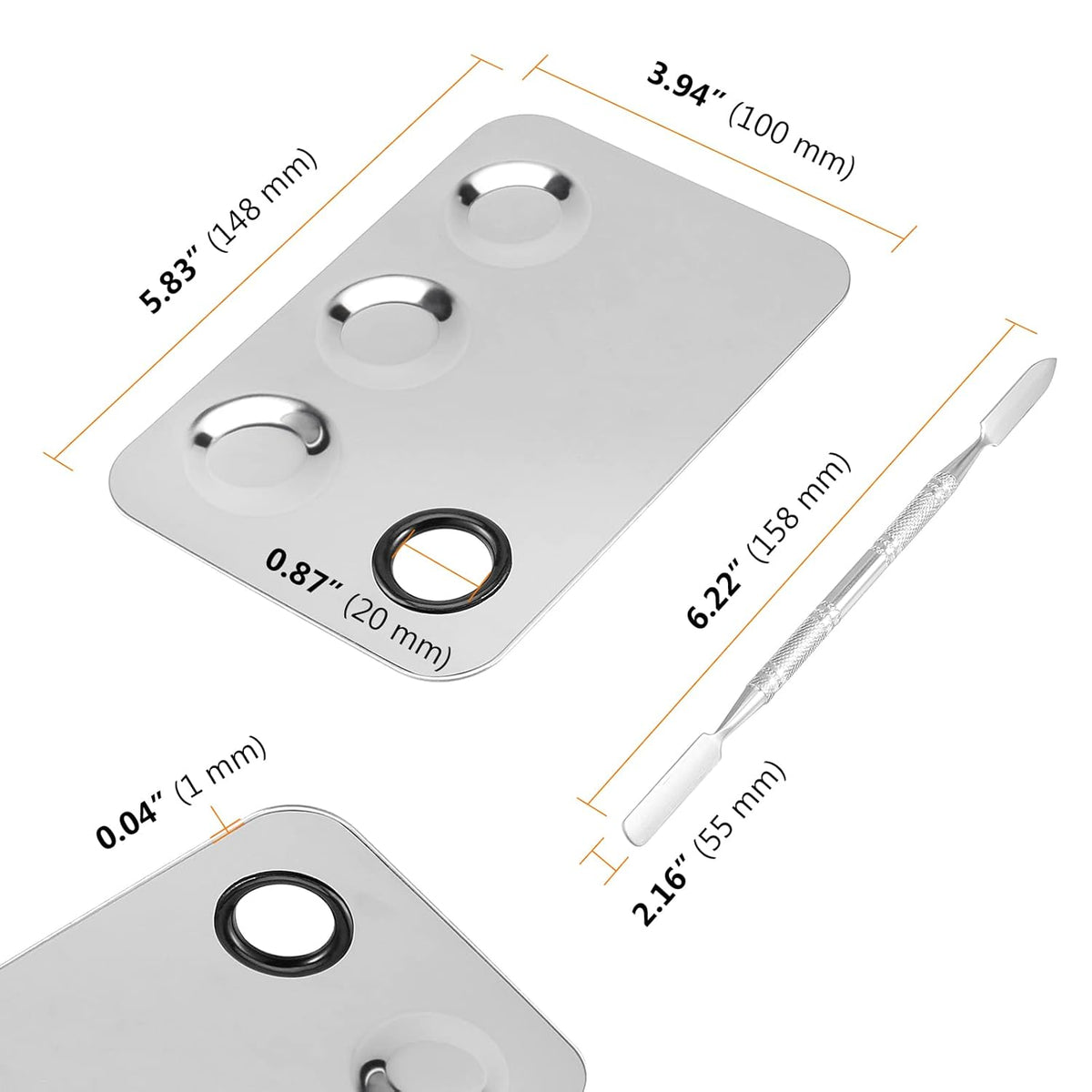 6 Pack 6 x 4 Inch Stainless Steel Cosmetic Palette with Spatula, 3-well Mixing Makeup Palette Nail-art Mixer Metal Tray for Foundation, Pigment, Nail Polish Blending, Silver