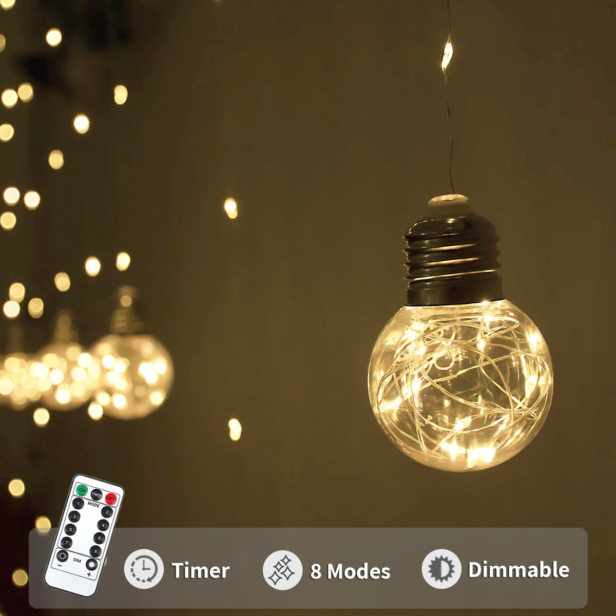 YOLIGHT Wishing Ball Curtain Lights 200 LED Window Curtain String Lights with Remote, USB Battery Powered Twinkle Globe Fairy Lights for Wedding Party Bedroom Christmas Decoration (Warm White)