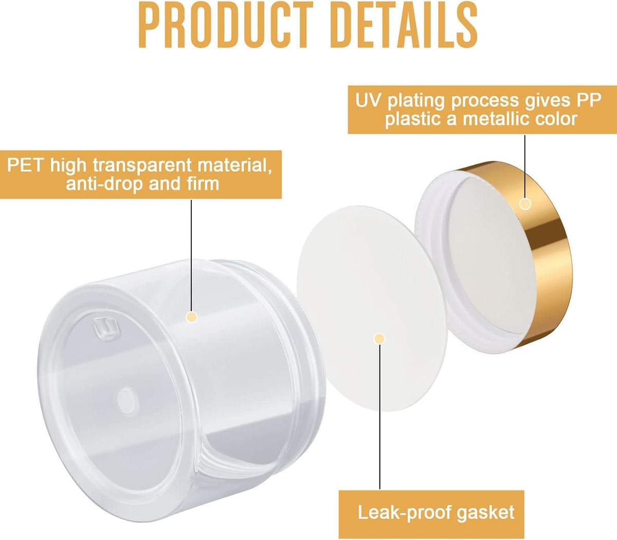 SATINIOR 100 Pcs Plastic Jars with Lids Small Containers Lids Wide Mouth Small Plastic Containers for Lotion Cream Rhinestones Body Butters Travel Storage(2 oz,Gold)