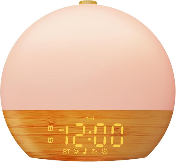 White Noise Sound Machine: Wood Grain, 30 Sleep Sounds, Bluetooth, Sunrise Alarm Clock with Dual Alarms, Adjustable Brightness,Wake-Up Light, Ideal for Bedroom, Office, Kids & Adults