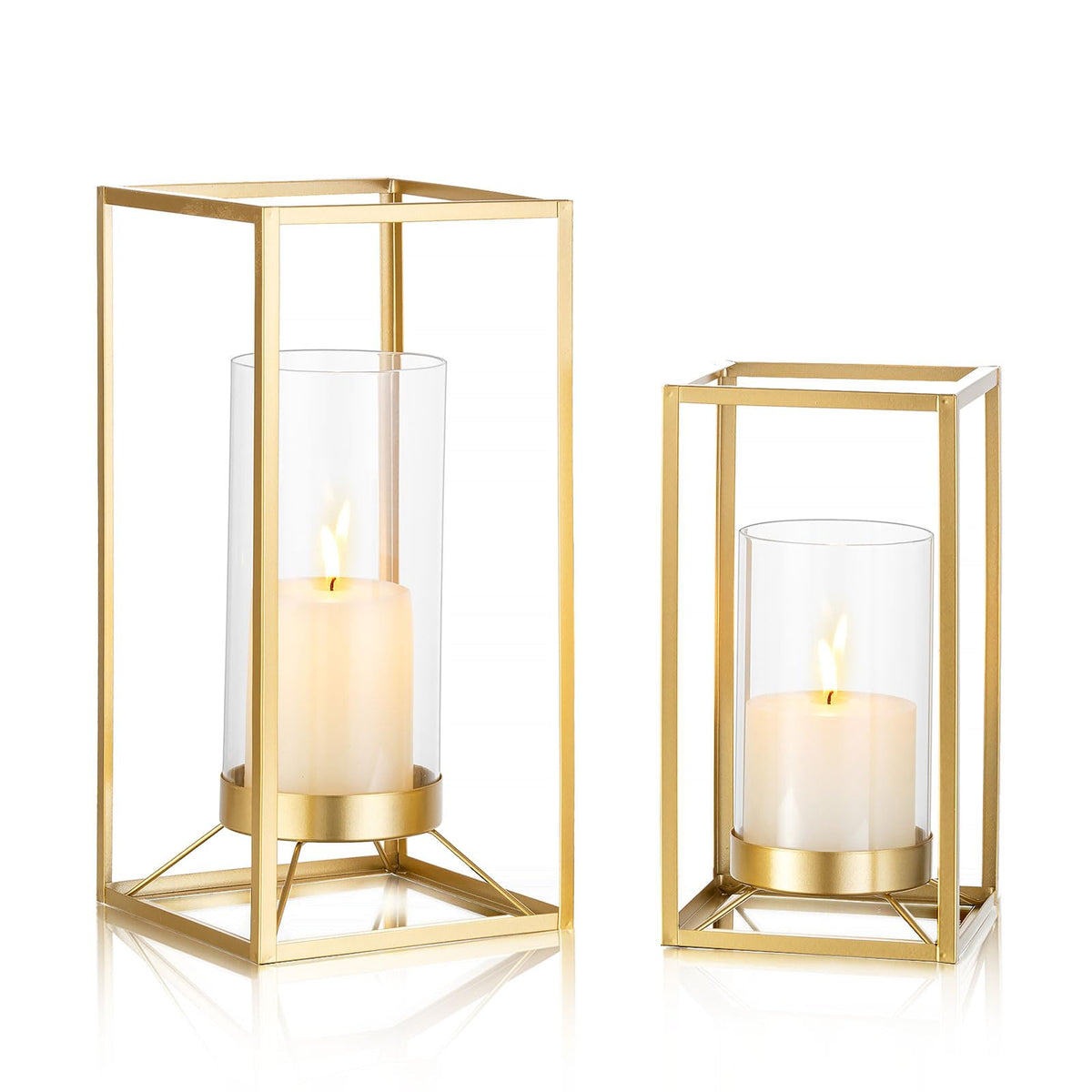 Staymoment Gold Metal Lantern Decorative Set of 2 with Hurricane Glass: Indoor Modern Farmhouse Candle Holder for Table Centerpiece Fireplace Mantles Shelf, 12" & 9"