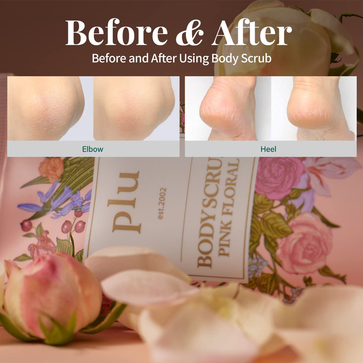 PLU Korean Walnut Body Scrub Pink Floral with Manuka Honey - Exfoliating & Moisturizing & Firming Glow - for Acne, Cellulite, Stretch Marks, Spider Veins, Fresh & Elegance Rose Scent 6.76 oz.