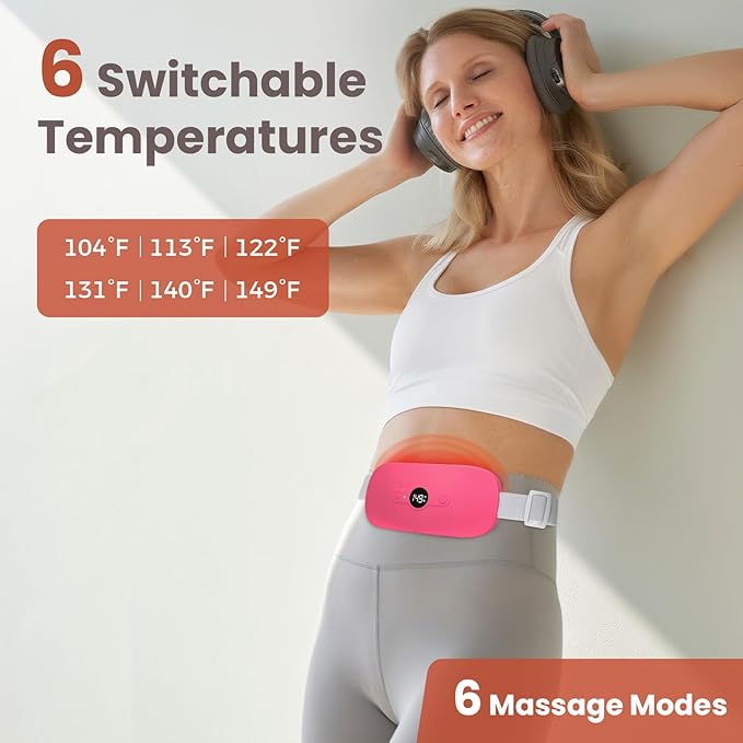 NOWWISH Heating Pad for Period Cramps Pain Relief, Portable Electric Cordless Menstrual Heating Pad Rechargeable with 6 Heat Levels and 6 Massage Modes, College Dorm Room Essentials for Girls, Red
