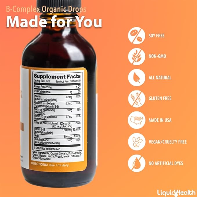 LIQUIDHEALTH USDA Organic Vitamin B Complex Drops for Men & Women - Natural Energy, Improved Focus, Memory & Mood, Immune Support, Metabolism Boost - USA Made, Extra Strength, No Sugar, Vegan (2 Pack)