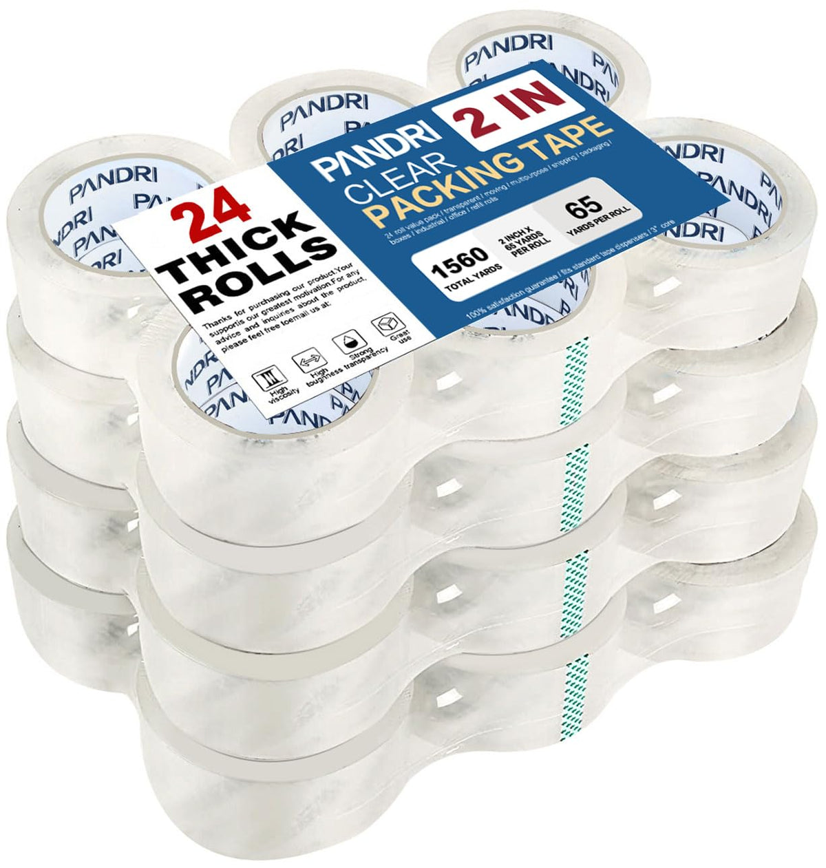 PANDRI Packing Tape, 24 Rolls Heavy Duty Clear Packaging Tape for Shipping Packaging Moving Sealing, 2 inches Wide, 65 Yards Per Roll, Total 1560 Yards