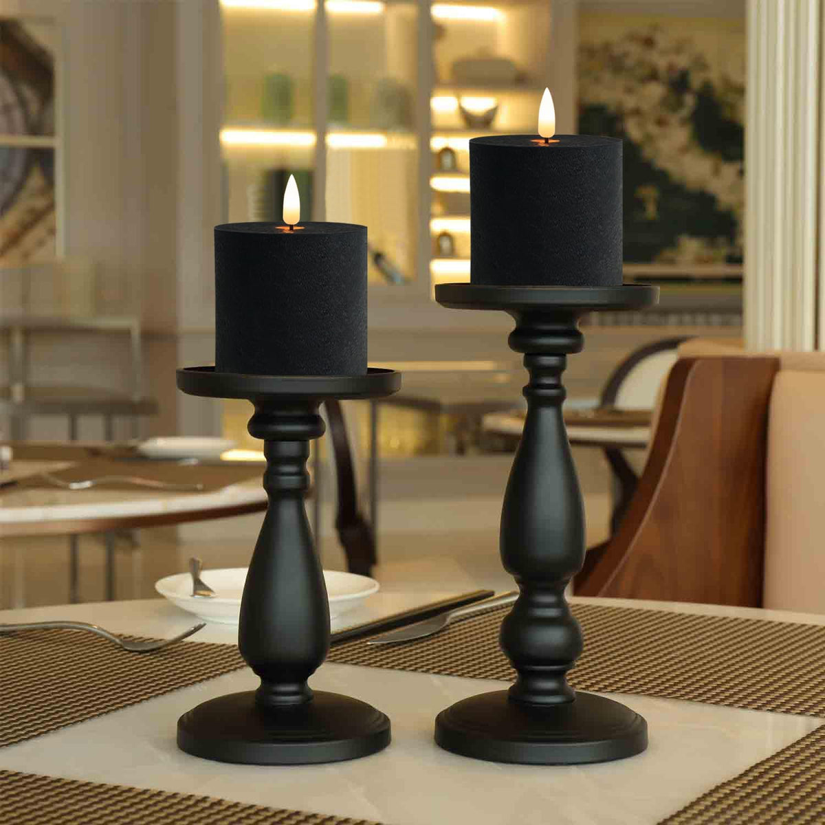 volnyus Black Flameless Candles Set of 2 (3x3 inch) Real Wax Flickering LED Candles Battery Operated with Remote Control Timers for Halloween Fireplace Livingroom Party Dimmable Pillars Flat top