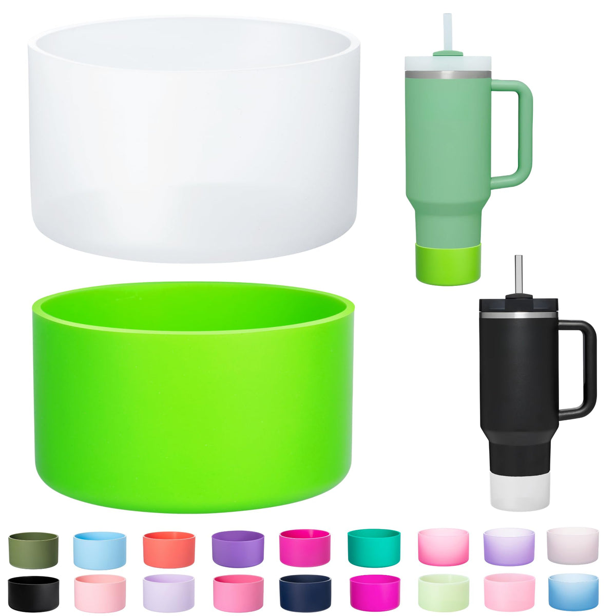 LONPARRY 2-Pack Silicone Boot for Stanley Cup Quencher IceFlow Rubber Bottom Sleeve Protector for Stanley Tumbler HydroFlask Car Travel Cup Bottle Bottom (Clear+Grass Green)