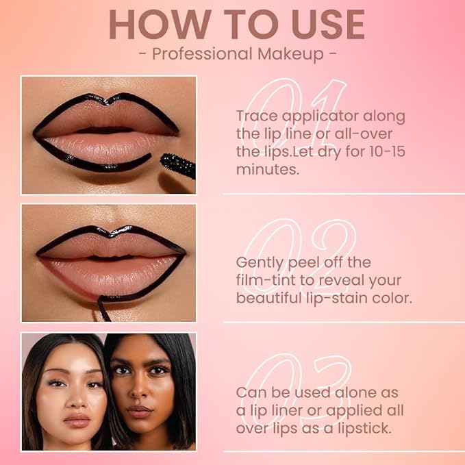 Matte Lip Stain Peel Off Lip Liner, Pink Red Peel Off Lip Stain Tattoo,Long Lasting & Waterproof Peel Off Lip Gloss Lip Liner,Transfer-Proof All Skin Types.0.12 fl oz #06