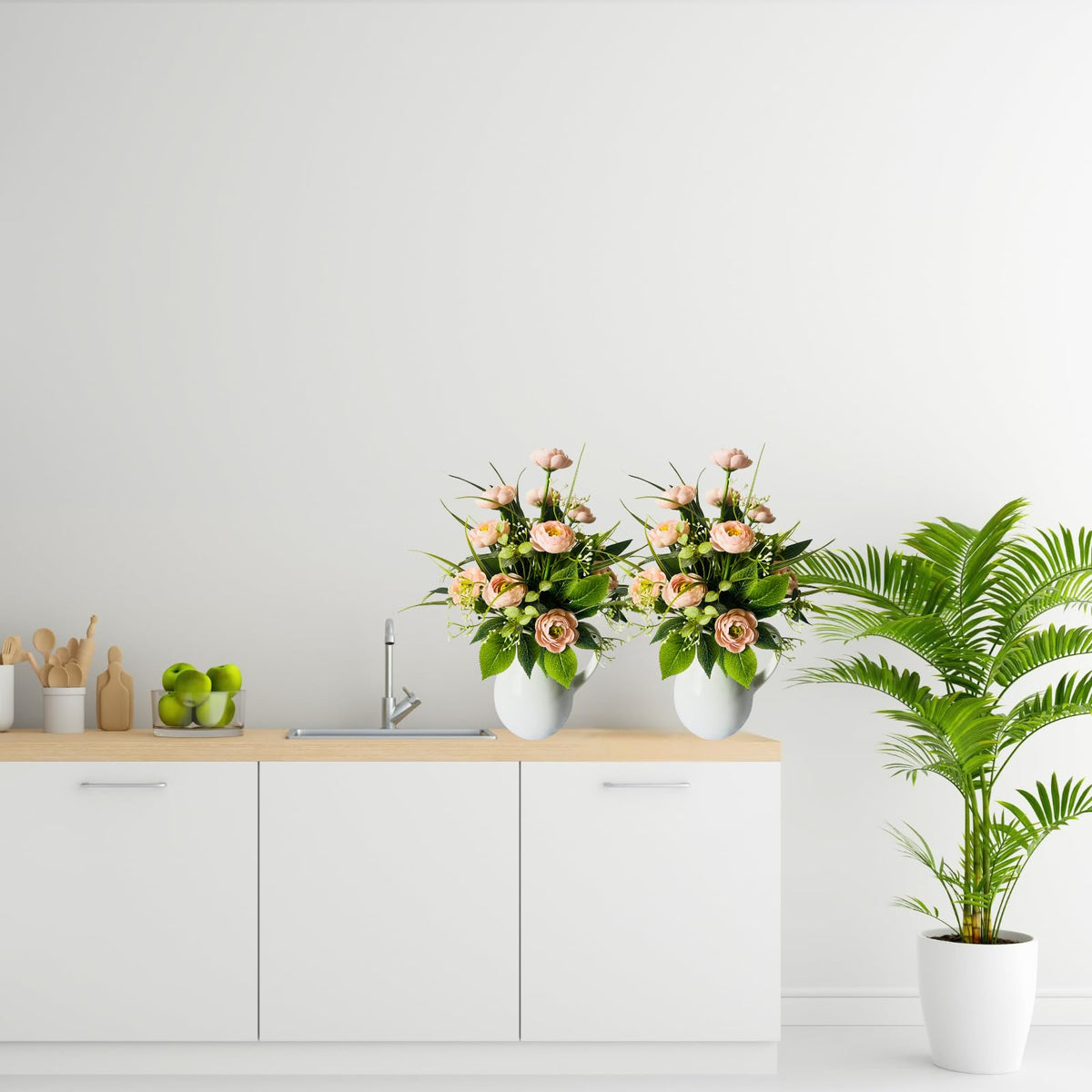 Svndlyn Spring Summer Floral Arrangement Centerpiece Artificial Roses Ranunculus Flowers Ceramic Vase Flower Arrangement for Home Decoration Dining Table Centerpiece