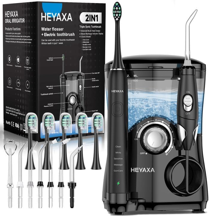 Water Flosser & Ultrasonic Electric Toothbrush Combo, 600ML Water Dental Flosser with 7 Jet Tips, 10 Adjustable Water Pressure, 5 Toothbrush Heads for Home Use, Gums, Braces (Black)
