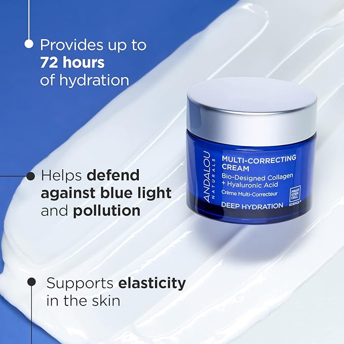 Andalou Naturals Deep Hydration Face Moisturizer Multi-Correcting Cream - Daily Skincare With Hyaluronic Acid, Vegan Collagen, & Fruit Stem Cells - Repair Skin Elasticity & Boost Hydration - 1.7 fl oz