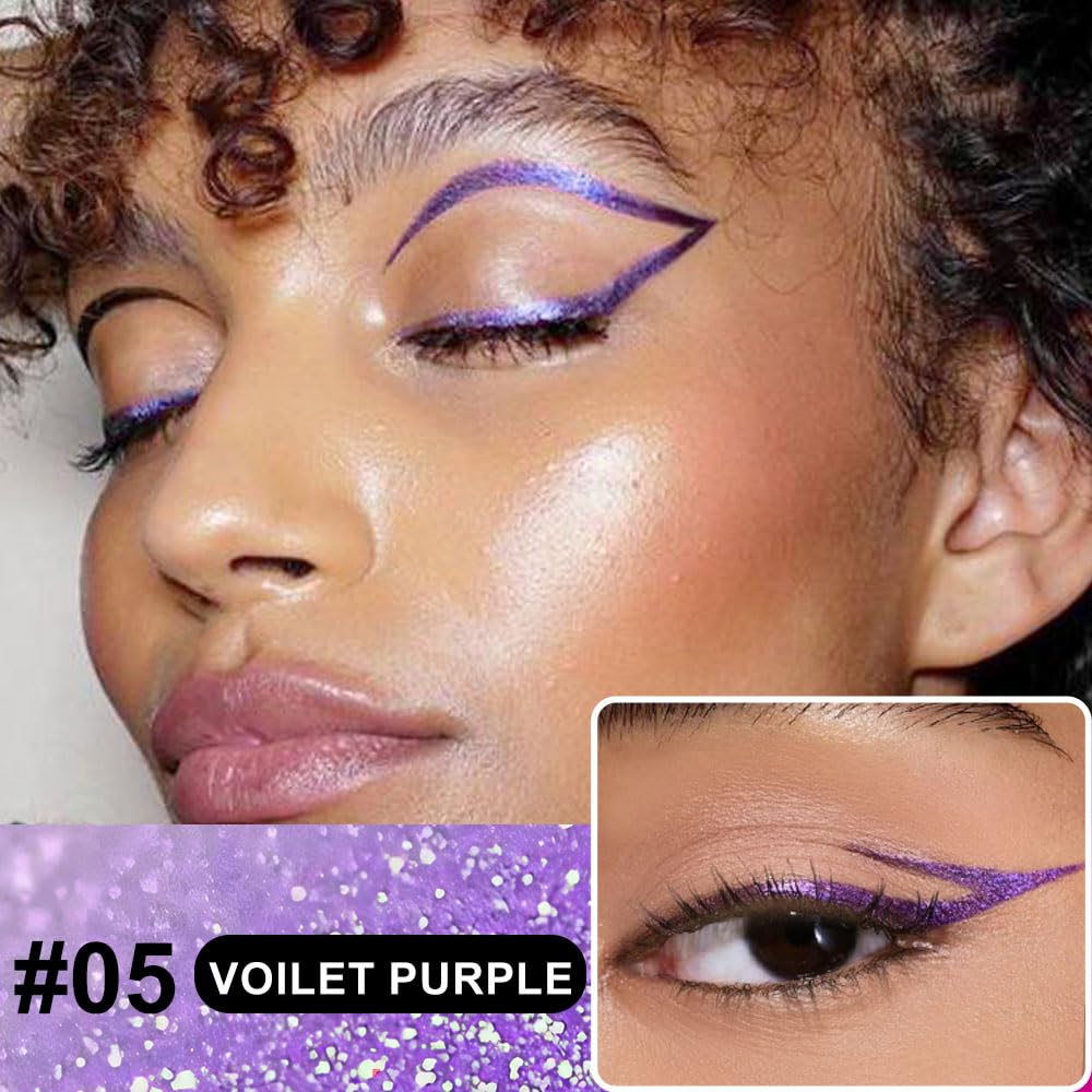 evpct 2Pcs Metallic Purple & Green Glitter Glittering Diamond Liquid Eyeliner Eye Makeup Pencil Set, Sparkle Shimmer Colored Eyeliner Pen Waterproof Smudge Proof Long Lasting High Pigmented
