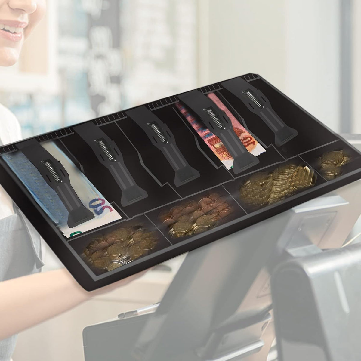 Cash Register Drawer for Money Storage, Cash Tray with 5 Bill/4 Coin Compartments for Supermarkets, Shops, Hotels (Black)