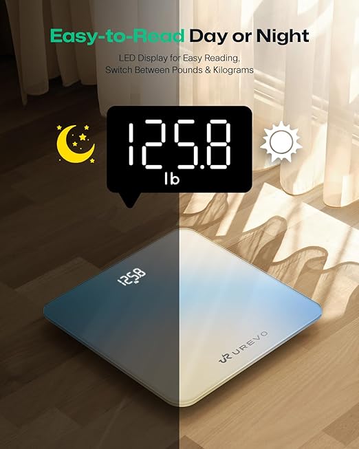 UREVO Digital Body Weight Scale with LED Display, Accurate Weight Measurement (5-180kg), Syncs with UREVO Health App for BMI & Fitness Tracking, Smart Bathroom Scale with Tempered Glass, kg/lb Units