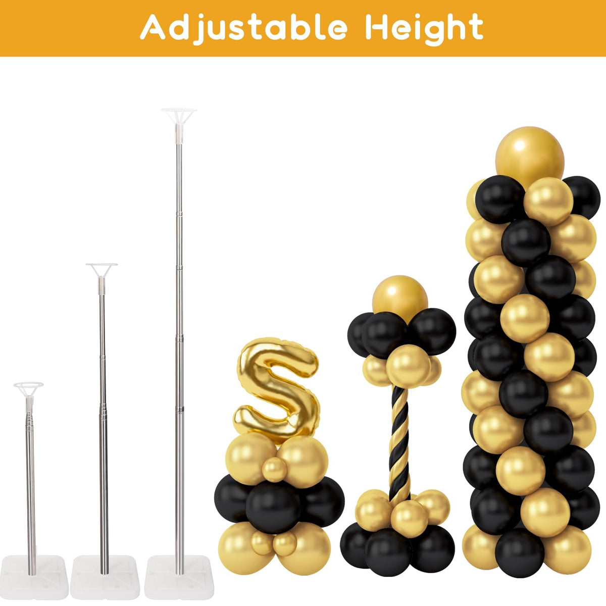 RUBFAC Balloon Column Stand Kit, Set of 2, 6.6ft Height Adjustable Column Kit, Metal Telescopic Pillar Balloon Stand, Birthday Party, Graduation, Wedding Christmas Decorations, White and Silver