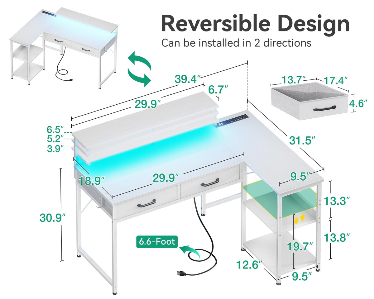 Coleshome 40 Inch L Shaped Gaming Desk with 2 Drawers & Storage Shelves, Computer Desk with USB Ports, Study Writing Table for Bedroom, Simple Modern Laptop Desk for Home Office, White