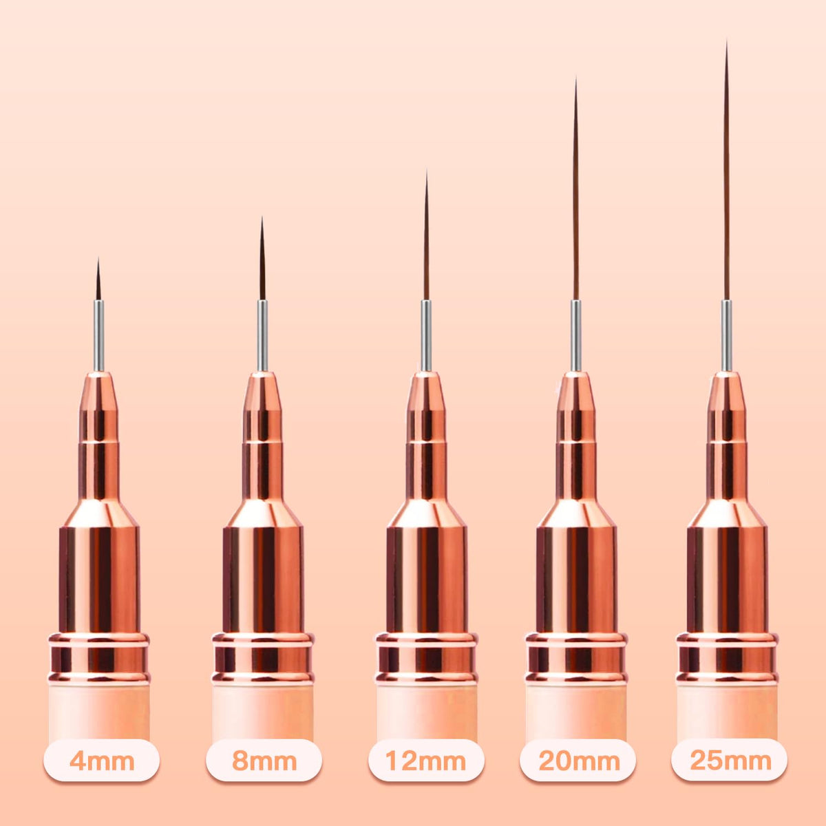 Metallic Nail Art Brushes, 5Pcs Liner Brush Set, UV Gel Polish Painting Art Design Pen for Long Lines, Thin Details, Fine Drawing Sizes 4/8/12/20/25mm(Champagne Gold)