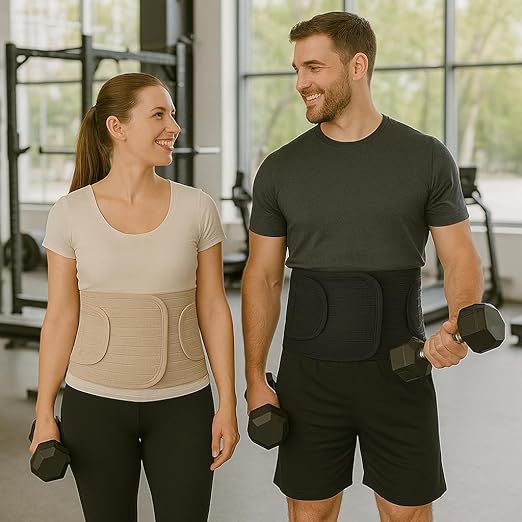 ORTONYX Ergonomic Abdominal Binder Waist and Lower Back Support Belt, Back Brace for Women & Men - Breathable, Elastic, With Extra Band - Beige S/M