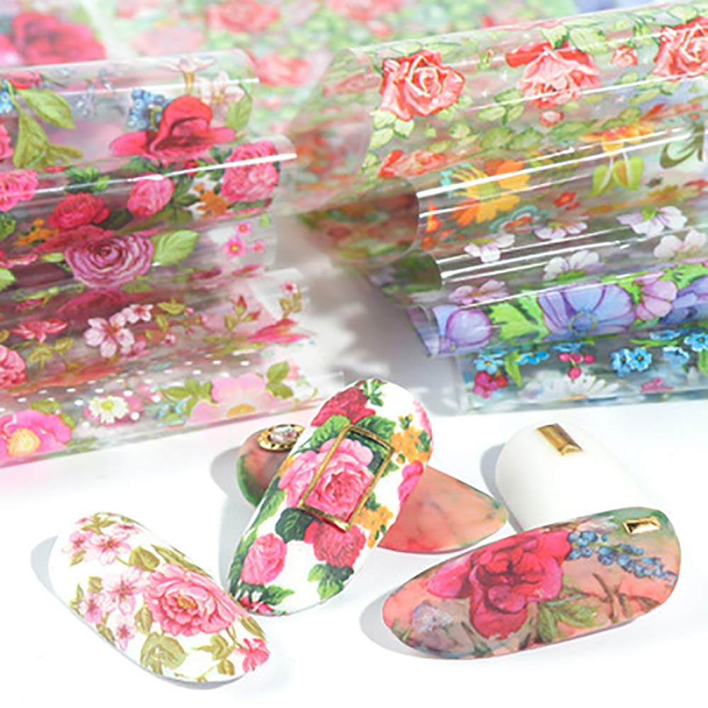 WOKOTO 10 Rolls Nail Art Foil Transfer Stickers Tips Flower Design Nail Wraps Decals Set Starry Sky Manicure Accessories (1.57inches×39.4inches)