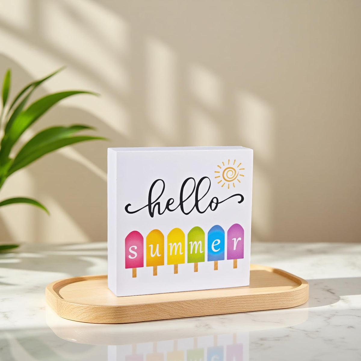 Summer Decor Summer Decorations for Home Popsicle Wood Box Sign Rustic Wooden Shelf Desk Decor Season House Warming Gifts 5.9 x 5.9 Inch