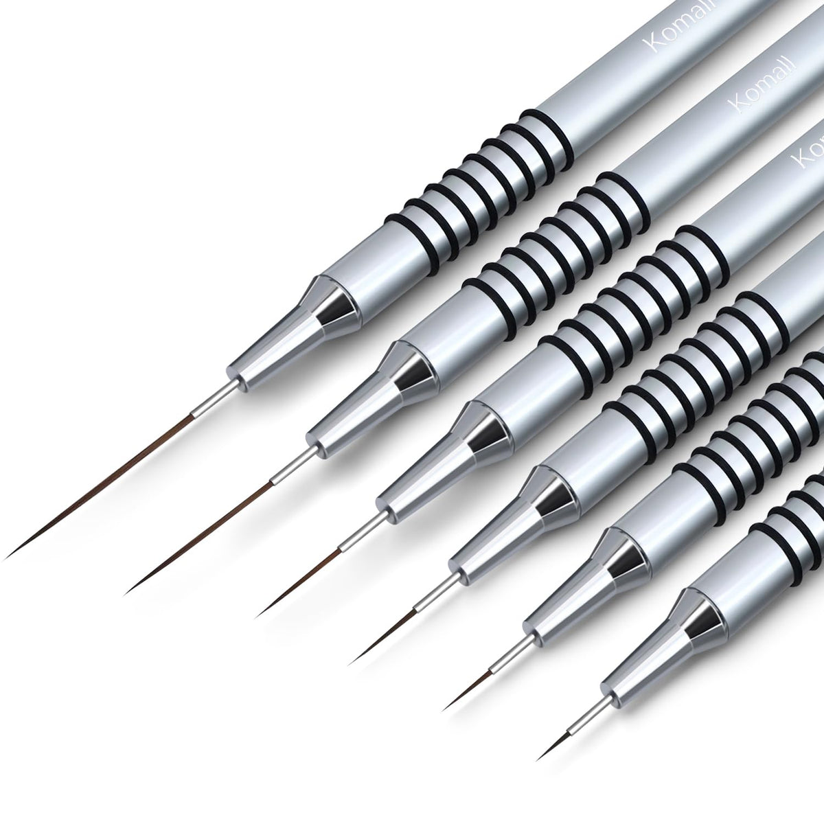 Metallic Nail Art Brushes, 6Pcs Non Slip Liner Brush Set, UV Gel Polish Painting Art Design Pen for Long Lines, Thin Details, Fine Drawing Sizes 5/7/9/11/20/25mm(Silver)
