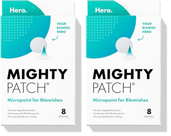 Mighty Patch Micropoint Large Hydrocolloid Pimple Patches for Face Blemishes from Hero Cosmetics, Acne Stickers for Early Stage Zits & Hidden Pimples, 395 Proprietary Micropoints, 8 Count (Pack of 2)