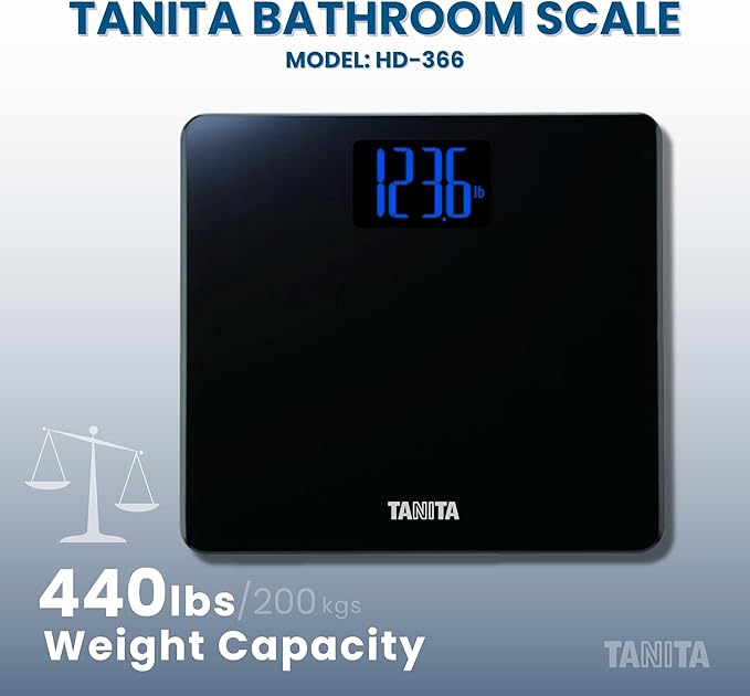 Tanita HD-366 Digital Weight Scale - 440 lbs Capacity - Japan Technology Accurate Digital Weight Scale - Step On Operation, Stylish Design with Reverse Blue Lit LCD Display & 8mm Thick Tempered Glass