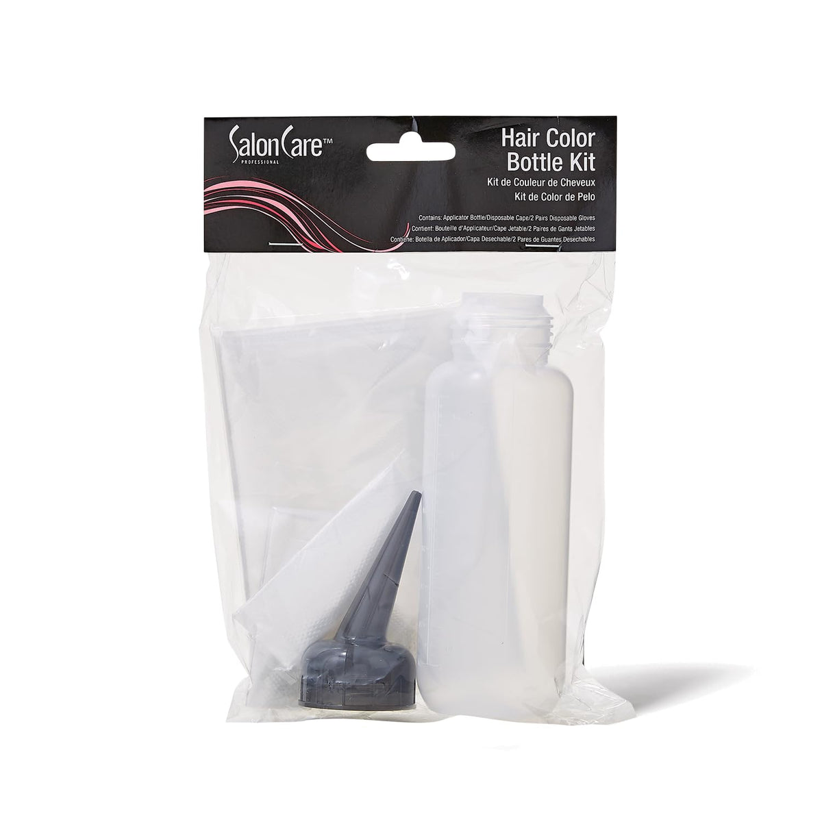 Salon Care Hair Color Applicator Kit, for Liquid Hair Color Application, comes with a Bottle, 2 Pairs of Gloves, and a Disposable Cape