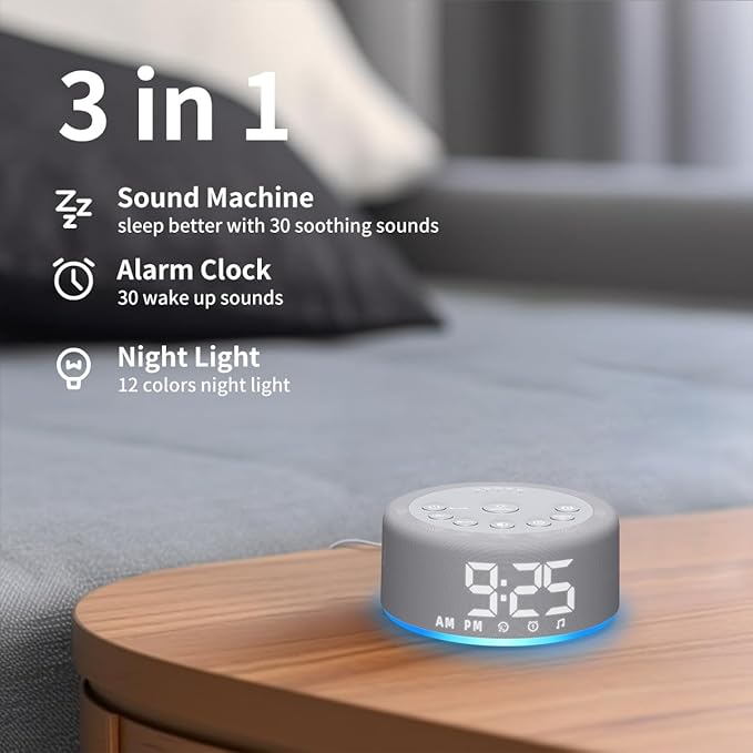 【3 in 1】 White Noise Machine with 27 Sleeping Sounds for Baby Kids Adults Sound Machine Alarm Clock Night Light Timer Memory Function 32 Level Volume Auto Off Digital Clock with 30 Wake Up Sounds