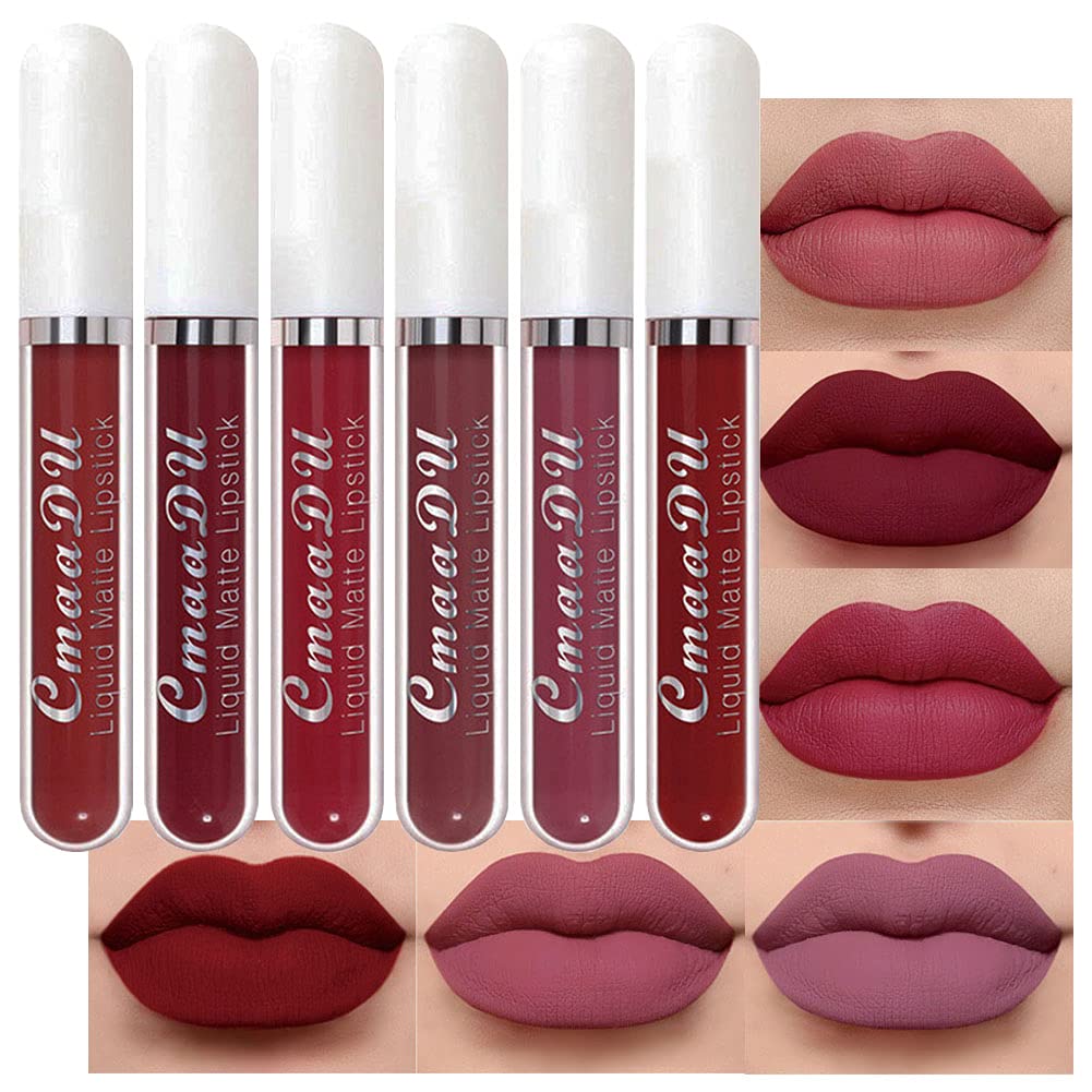 evpct CmaaDu 6Pcs Lipstick Matte Liquid Lipstick Lipgloss Set for Women, Dark Plum Wine Rose Mauve Red Nude Pink labiales mate 24 horas originales matte larga duracion 24 Hour Lipstick A-02