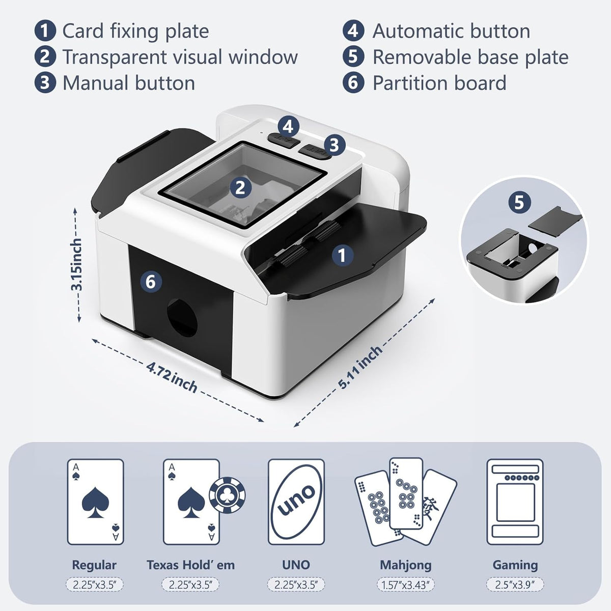 ShinePick Automatic Card Shuffler, Electric Shuffling Machine with 2000mAh Rechargeable Battery, Low Noise Card Shuffler - Automatic and Manual Mode for Poker, Phase 10, UNO, Skip-Bo